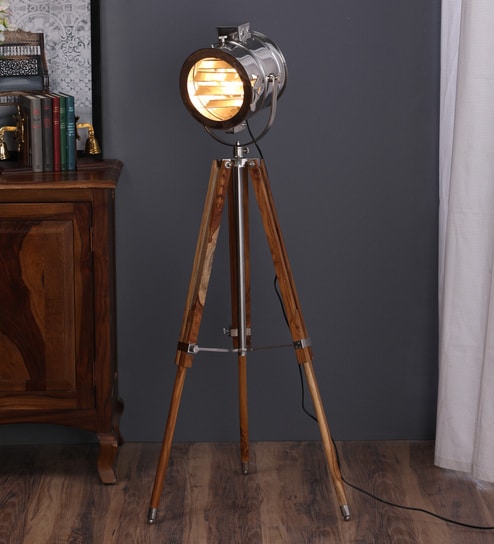 Silver Metal Shade Tripod Floor Lamp with Beige Base