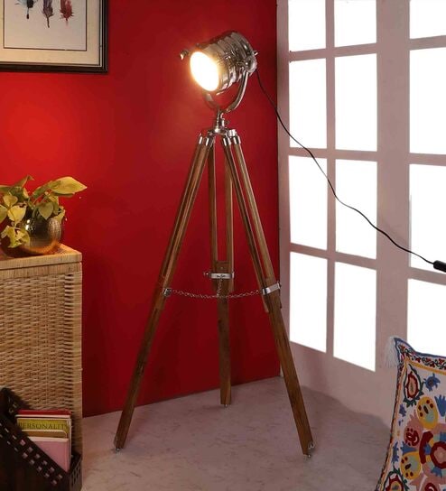 Crisanto Silver Metal Shade Tripod Floor Lamp With Teak wood Base