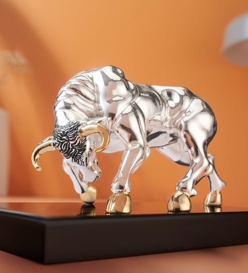 Silver Resin Raging Bull 16 Inch Animal Figurines (1 Pc)