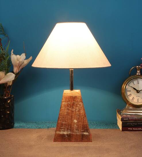 Silver Shade Table Lamp With Brown Woodden Base