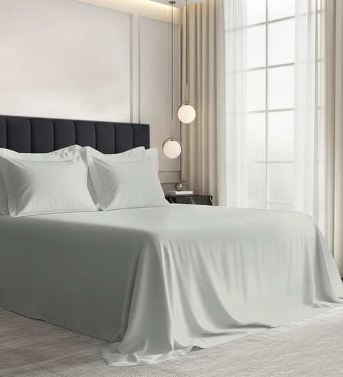Silver Solid 1000 TC Cotton Super King Sized Bedsheet with 4 Pillow Covers