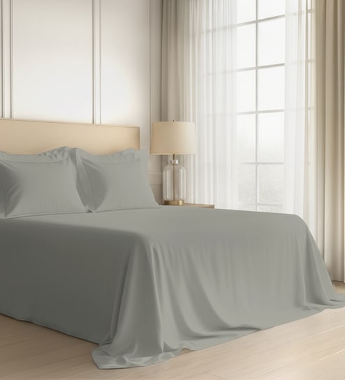 Silver Solid 600 TC Cotton Super King Sized Bedsheet with 4 Pillow Covers