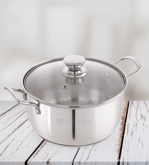 Silver Stainless Steel 2 Ltr Induction & Gas Compatible Sandwich Bottom Straight Casserole with Glass Lid