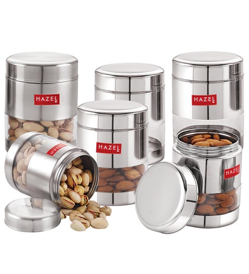 Silver Stainless Steel 400 ml Glossy See Through Storage Container (Set of 6 )
