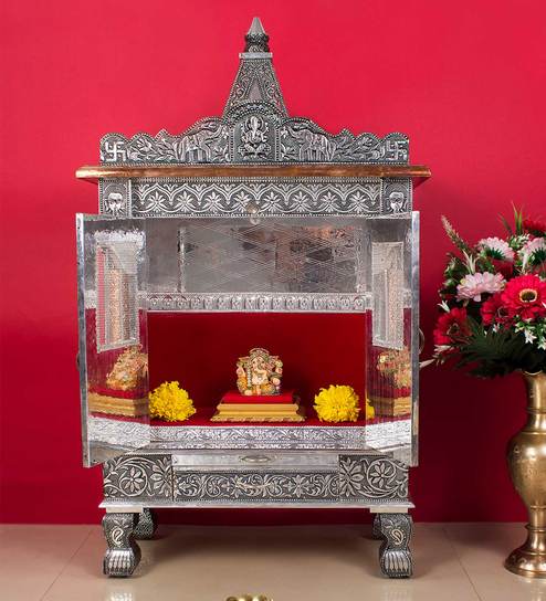 Buy Silver Wood Aluminium Pooja Mandir With Door By Wish Tank