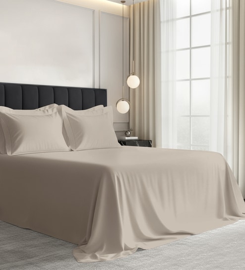 Simply Taupe Solid 1000 TC Cotton Super King Sized Bedsheet with 4 Pillow Covers