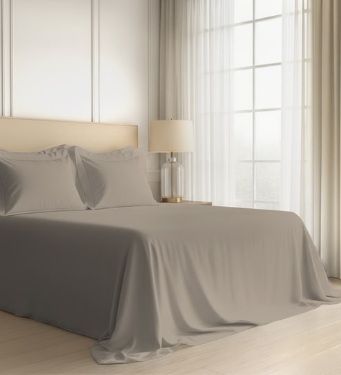 Simply Taupe Solid 600 TC Cotton Super King Sized Bedsheet with 4 Pillow Covers