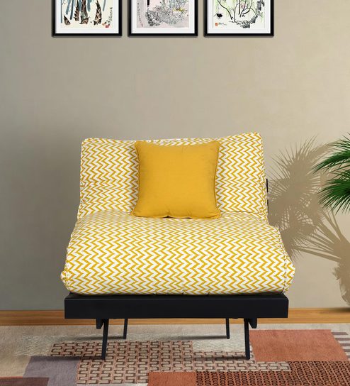 Buy Single Futon Sofa Cum Bed With Mattress In Yellow Colour By