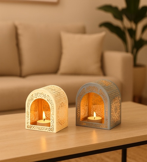 Grey & Off White Metal Tea Light Holder Set Of 2