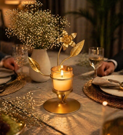 Golden Metal Floral Votive Tea Light Holder