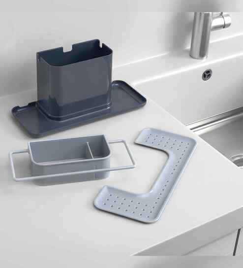 Sink Caddy (Large Countertop Sink Tray with Drain Holes, Dishwasher Safe (Grey)