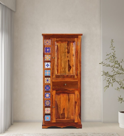 Siramika Sheesham Wood 1 Door Wardrobe In Honey Oak Finish