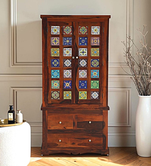 Siramika Sheesham Wood 2 Door Wardrobe in Honey Oak Finish
