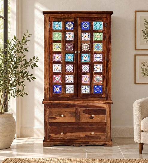 Siramika Sheesham Wood 2 Door Wardrobe In Provincial Teak Finish