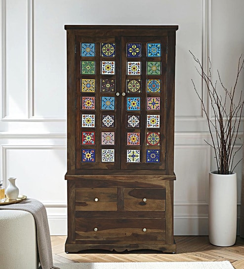 Siramika Sheesham Wood 2 Door Wardrobe In Provincial Teak Finish
