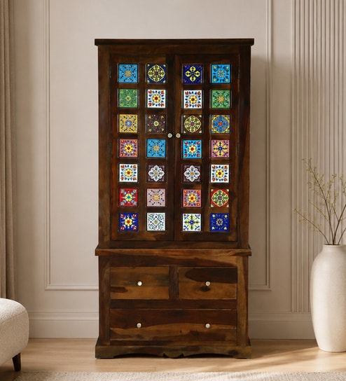 Siramika Sheesham Wood 2 Door Wardrobe In Provincial Teak Finish