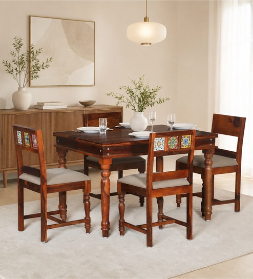 Siramika Sheesham Wood 4 Seater Dining Set In Honey Oak Finish