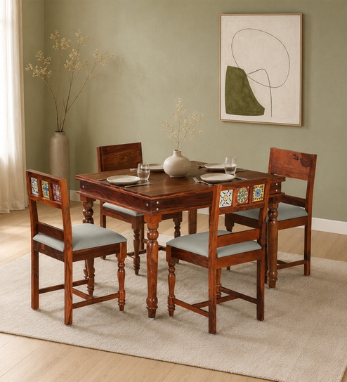 Siramika Sheesham Wood 4 Seater Dining Set In Honey Oak Finish