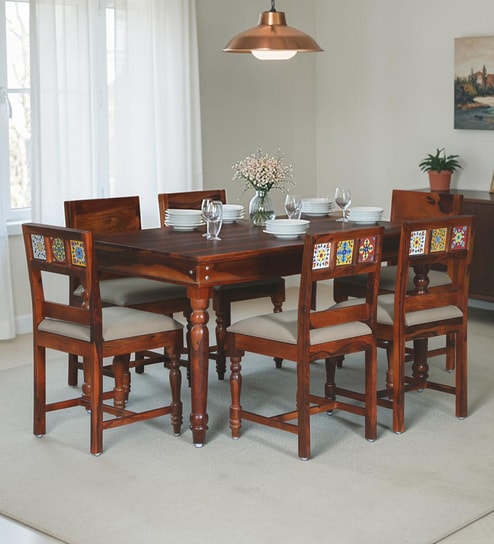 Siramika Sheesham Wood 6 Seater Dining Set In Honey Oak Finish
