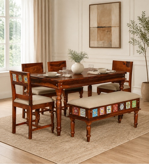 Siramika Sheesham Wood 6 Seater Dining Set In Honey Oak Finish With Cushioned Bench