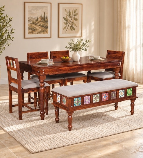 Siramika Sheesham Wood 6 Seater Dining Set In Honey Oak Finish With Cushioned Bench