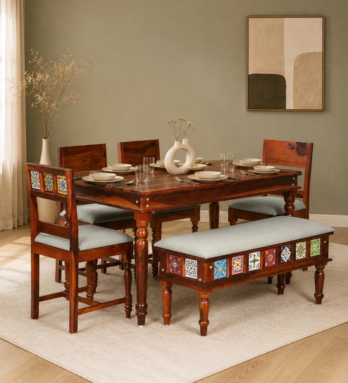 Siramika Sheesham Wood 6 Seater Dining Set In Honey Oak Finish With Cushioned Bench