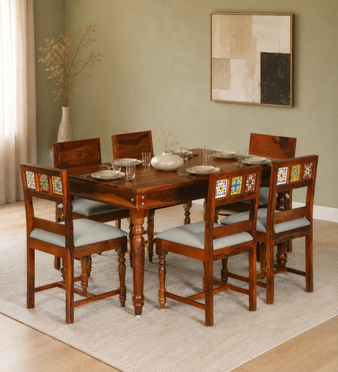 Siramika Sheesham Wood 6 Seater Dining Set In Honey Oak Finish