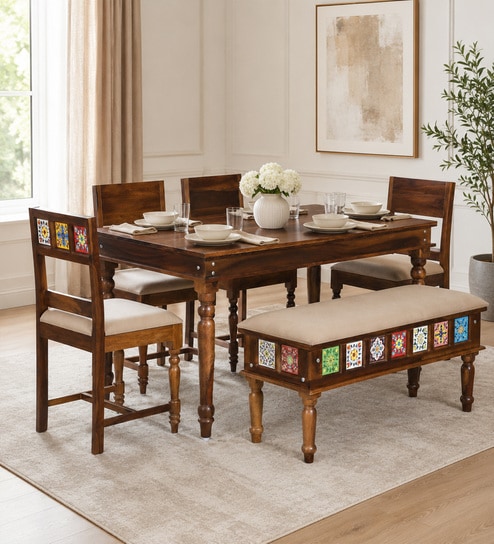 Siramika Sheesham Wood 6 Seater Dining Set In Provincial Teak Finish With Cushioned Bench