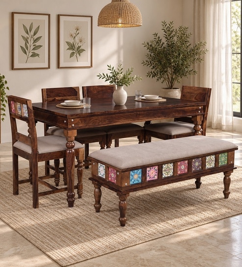 Siramika Sheesham Wood 6 Seater Dining Set In Provincial Teak Finish With Cushioned Bench