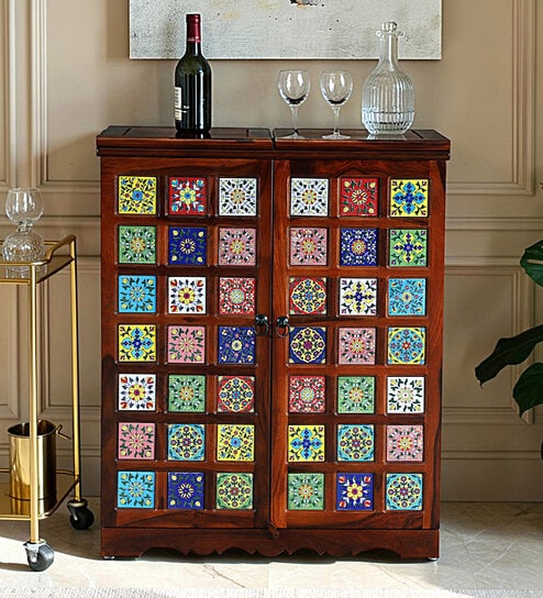 Siramika Sheesham Wood Bar Cabinet In Honey Oak Finish