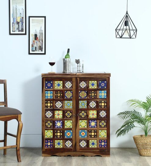 Siramika Sheesham Wood Bar Cabinet In Provincial Teak Finish