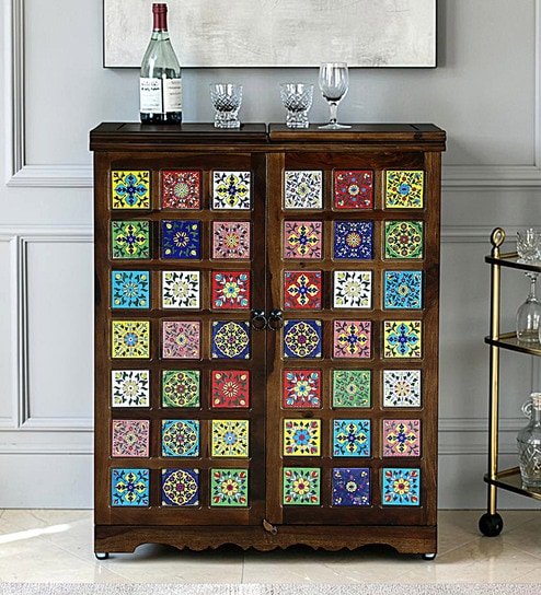 Siramika Sheesham Wood Bar Cabinet In Provincial Teak Finish