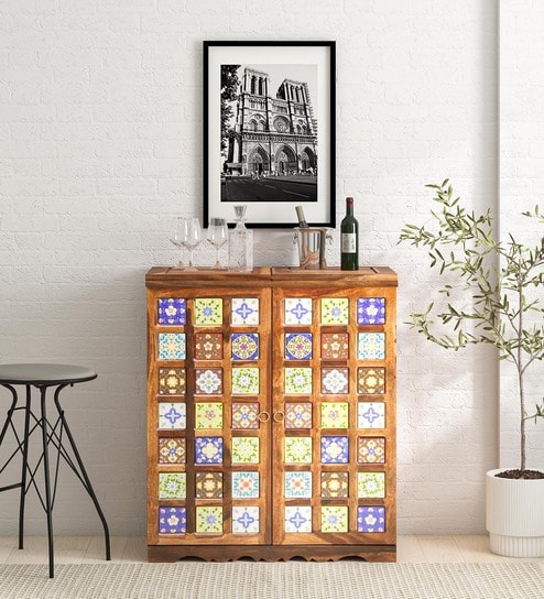 Siramika Sheesham Wood Bar Cabinet In Rustic Teak Finish
