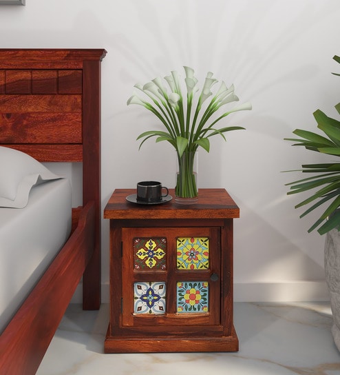 Siramika Sheesham Wood Bedside Table (Lhs Door) In Honey Oak Finish