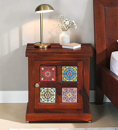 Siramika Sheesham Wood Bedside Table (Lhs Door) In Honey Oak Finish