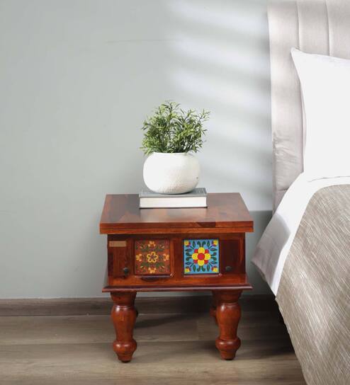 Siramika Sheesham Wood Bedside Table In Honey Oak Finish