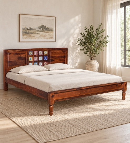 Siramika Sheesham Wood King Size Bed In Honey Oak Finish