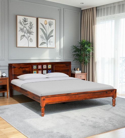 Siramika Sheesham Wood King Size Bed In Honey Oak Finish
