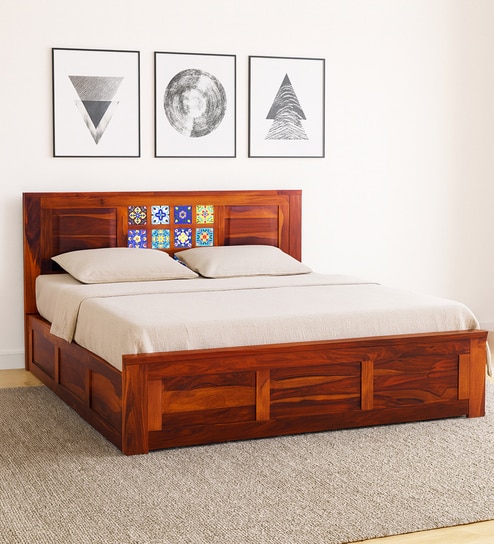 Siramika Sheesham Wood King Size Bed In Honey Oak Finish With Hydraulic Storage