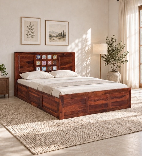 Siramika Sheesham Wood King Size Bed In Honey Oak Finish With Hydraulic Storage