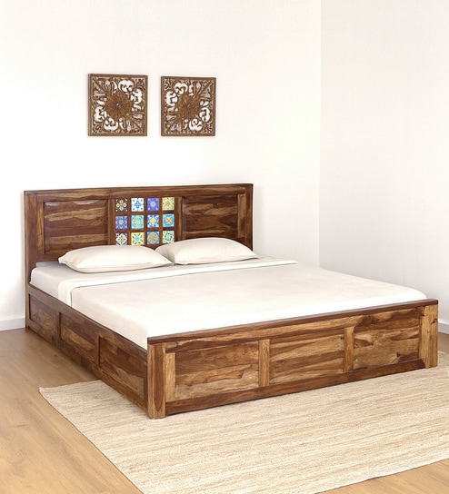 Siramika Sheesham Wood King Size Bed In Rustic Teak Finish With Hydraulic Storage