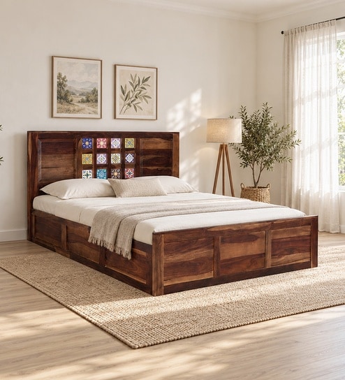 Siramika Sheesham Wood King Size Bed In Provincial Teak Finish With Hydraulic Storage