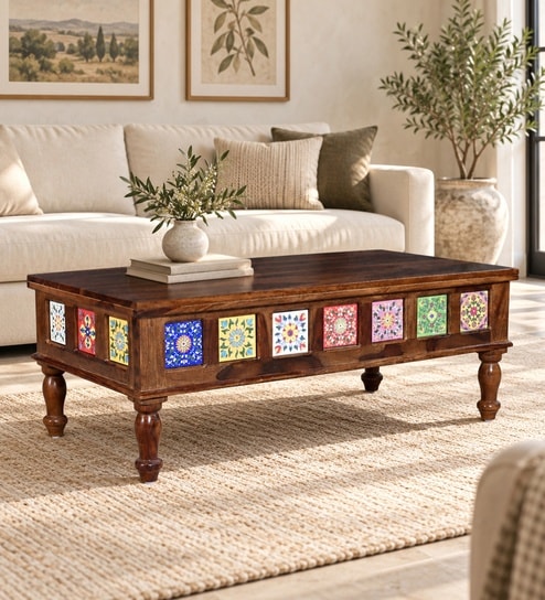 Siramika Sheesham Wood Large Coffee Table In Honey Oak Finish