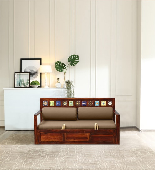 Siramika Sheesham Wood Pull Out Sofa Cum Bed In Honey Oak Finish