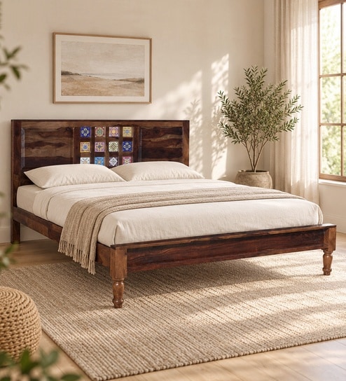 Siramika Sheesham Wood Queen Size Bed In Honey Oak Finish