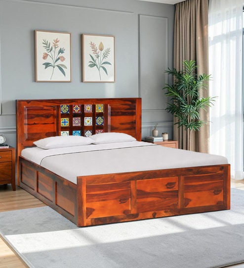 Siramika Sheesham Wood Queen Size Bed In Honey Oak Finish With Hydraulic  Storage