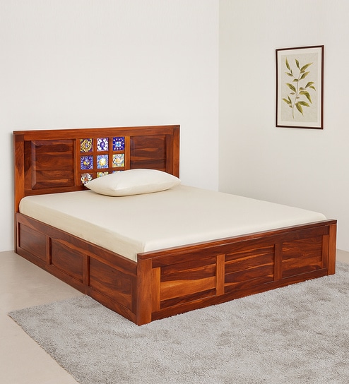 Siramika Sheesham Wood Queen Size Bed In Honey Oak Finish With Hydraulic Storage