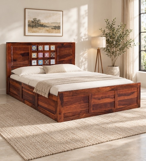 Siramika Sheesham Wood Queen Size Bed In Honey Oak Finish With Hydraulic Storage
