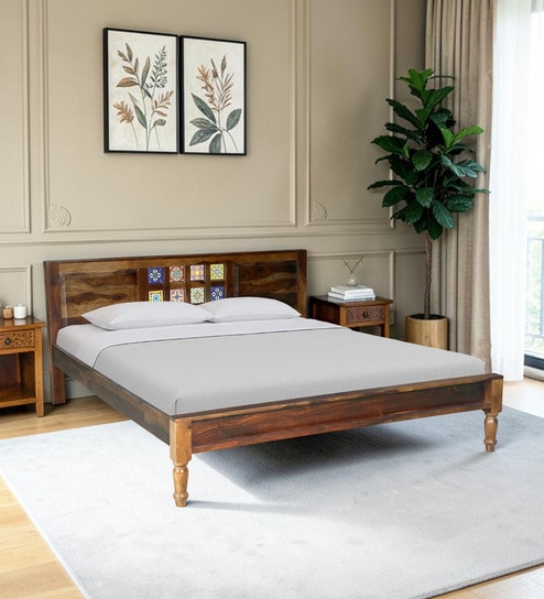 Siramika Sheesham Wood Queen Size Bed In Provincial Teak Finish