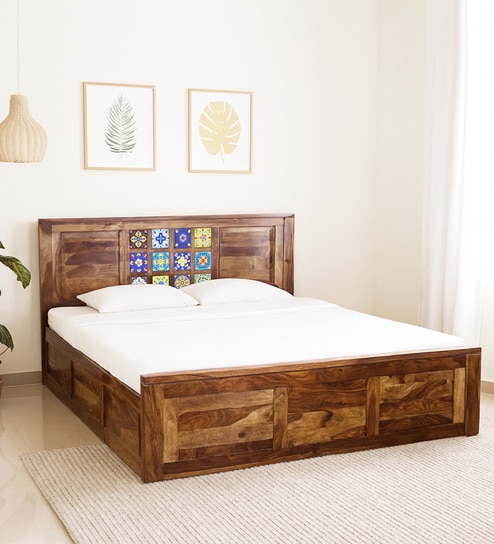 Siramika Sheesham Wood Queen Size Bed In Rustic Teak Finish With Hydraulic Storage